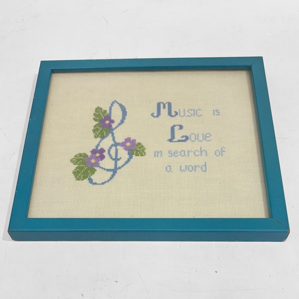 Vintage Finished Cross Stitch Music is Love Blue Framed 9"x8" - Picture 2 of 6